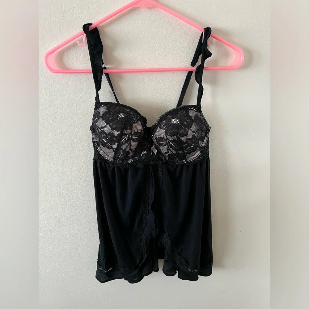 Victoria's Secret Vintage Slip Dress Womens 34C Black Floral Babydoll Padded Y2K